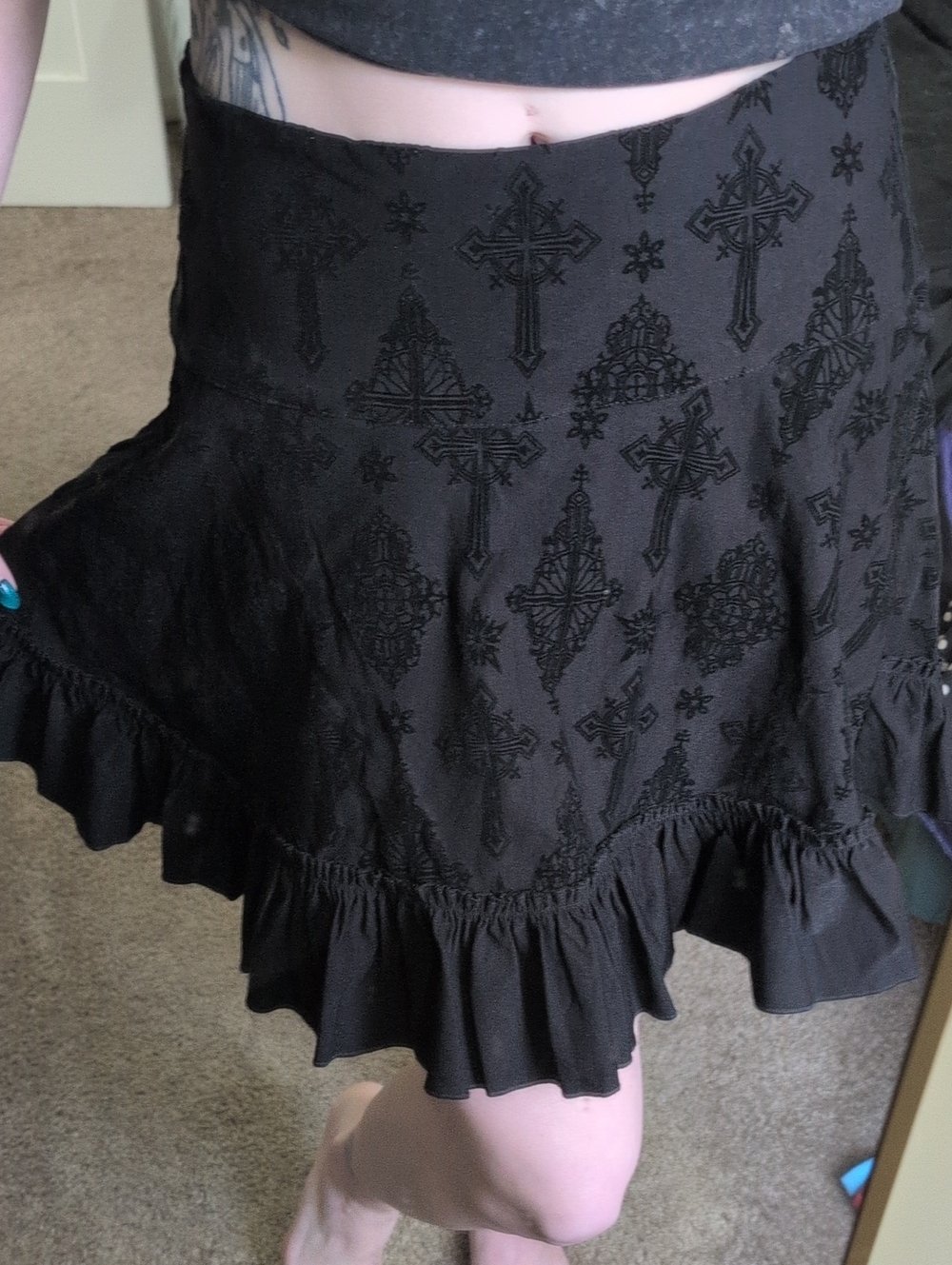 NWT Killstar Amelie Flocked Mini Skirt, Black Velvet Embroidered Ruffle Hem